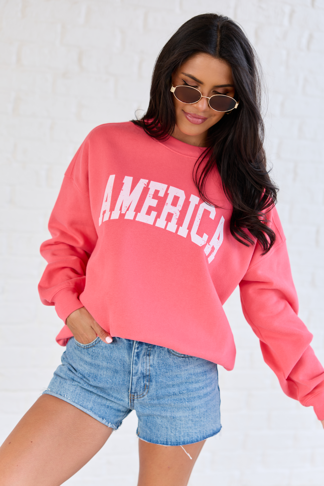America Distressed Light Red Graphic Sweatshirt