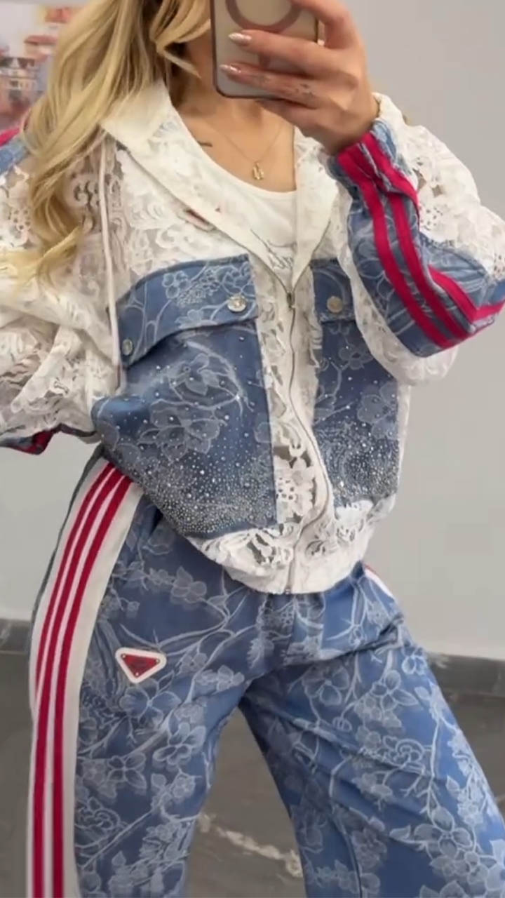 Women Hooded Rhinestone Splicing Casual Set