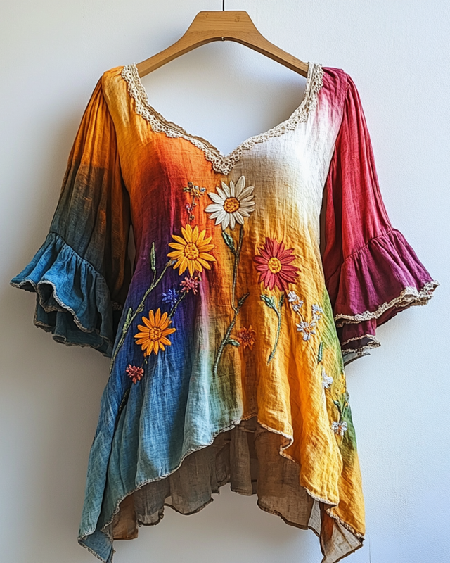 Summer Rainbow Gradient Daisy Embroidered T-shirt  a36a