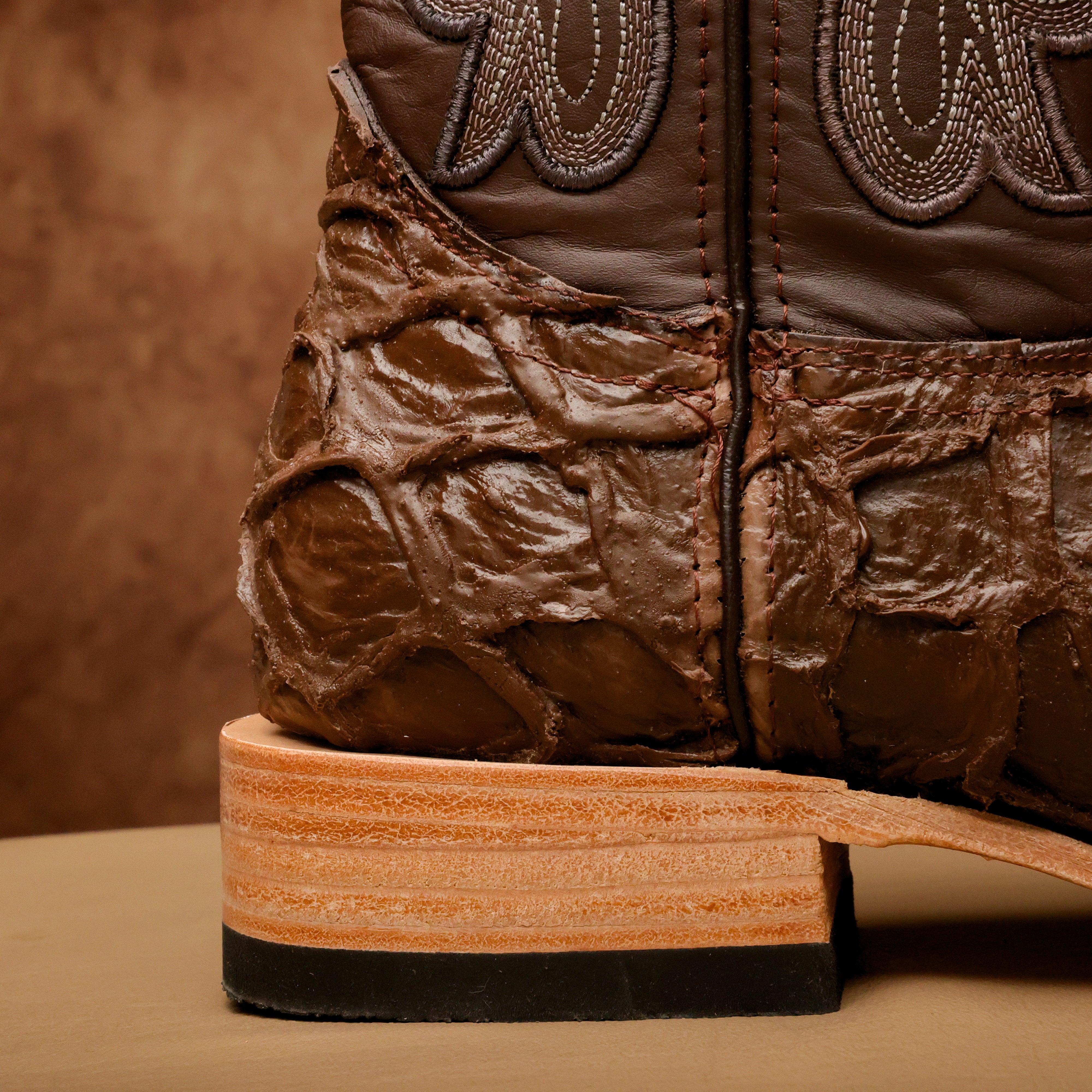 Matte Brown Jumbo Pirarucu Leather Boots - Square Toe