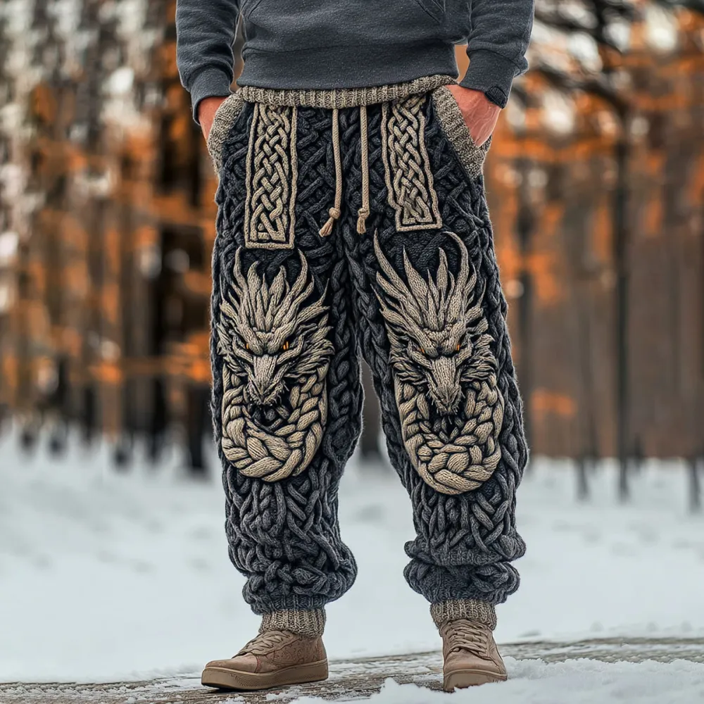 Men's Viking  Dragon Celtic Knotart Wide Leg Warm Knit Pants