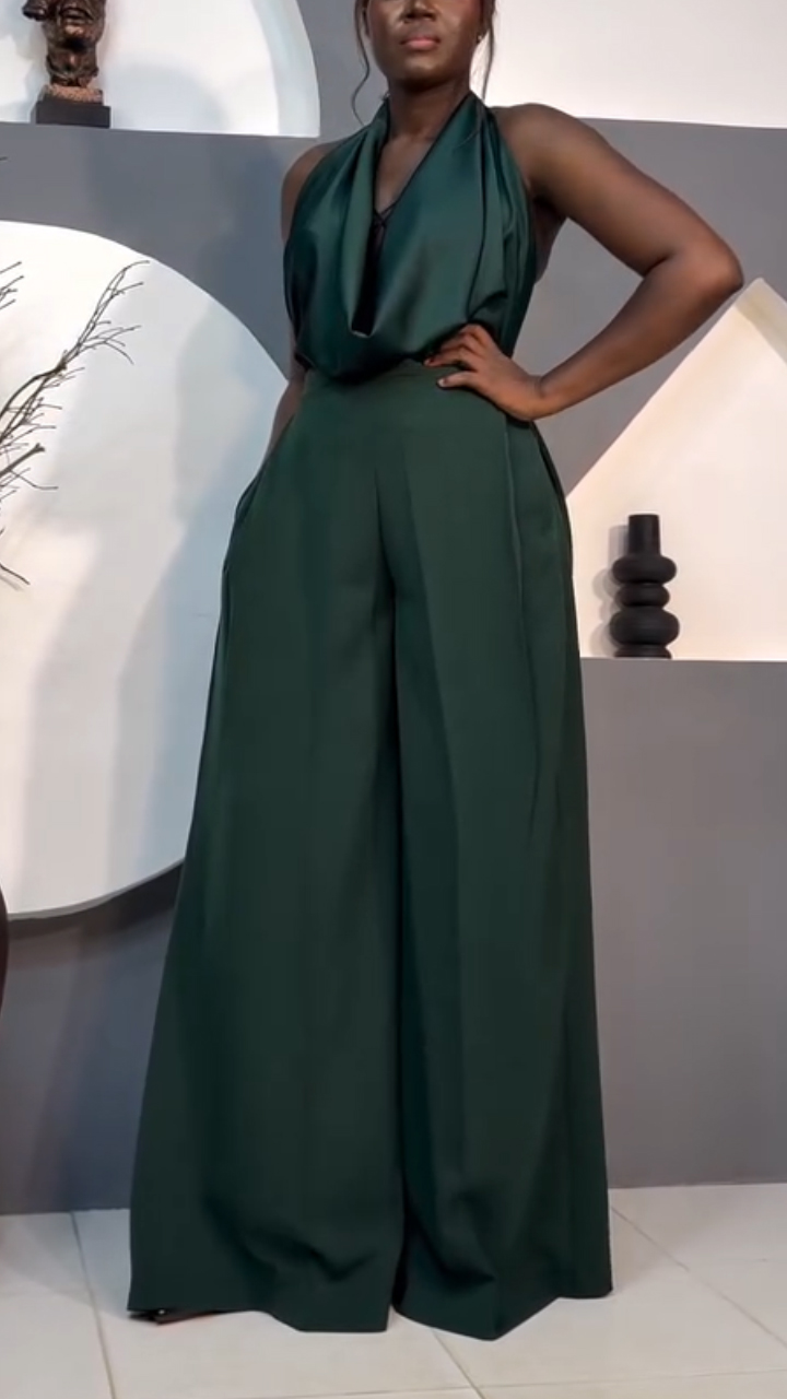 Women Halterneck Top + Pants Solid Color Temperament Casual Suit