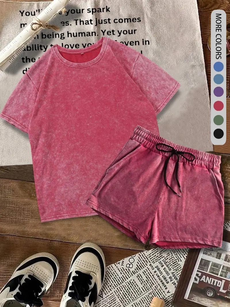 Two-piece Set Women's Solid Color Denim-effect Print Tee & Shorts