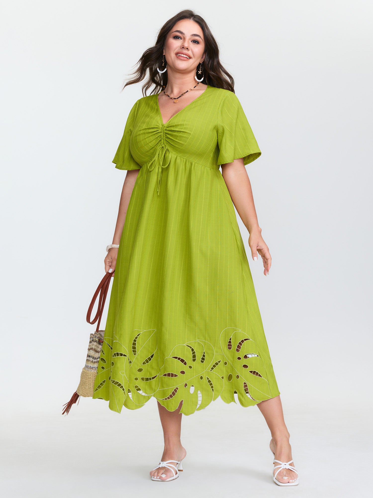 Ruched Bodice Embroidered Cut Out Midi Dress