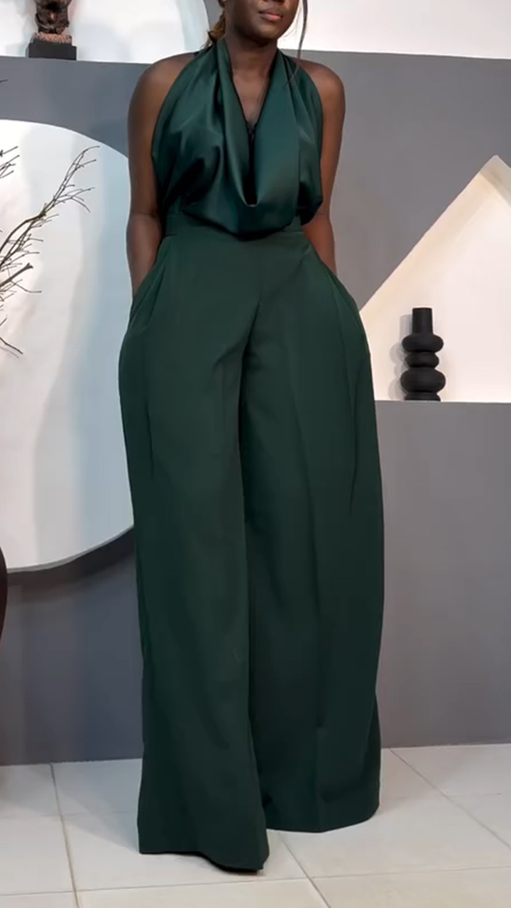Women Halterneck Top + Pants Solid Color Temperament Casual Suit