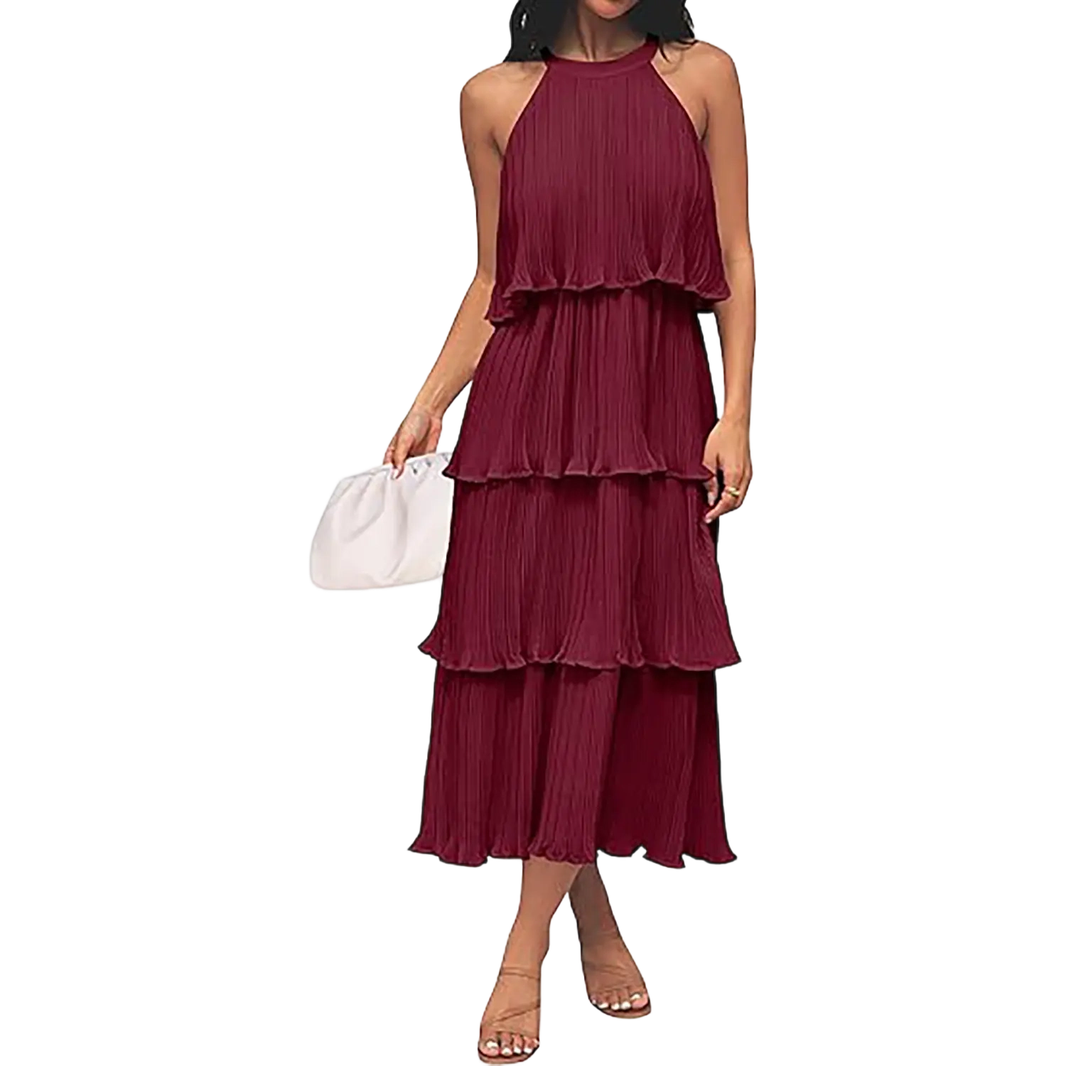 ✨Women's 2026 Summer Sleeveless Halter Neck Ruffle Tiered Layed Chiffon Flowy Swing Long Midi Dress