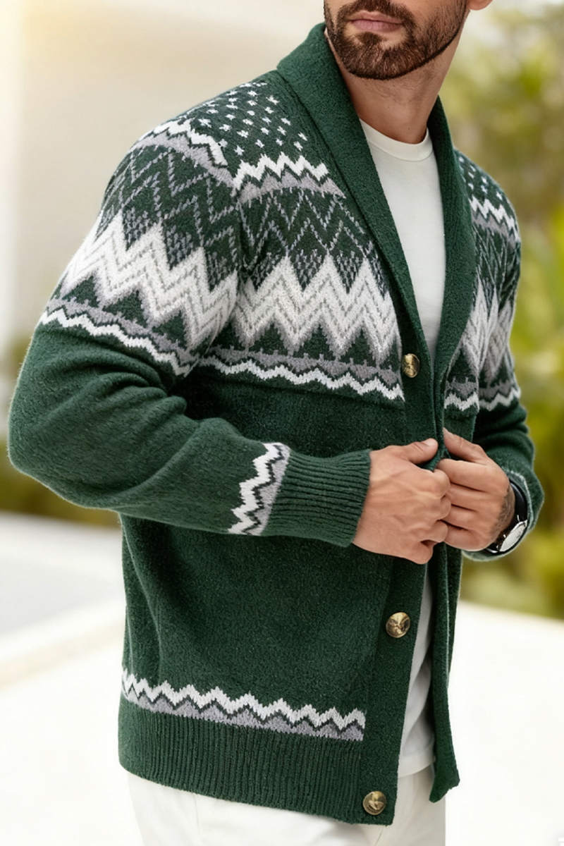 Men's Green Fair Isle Shawl Collar Cardigan