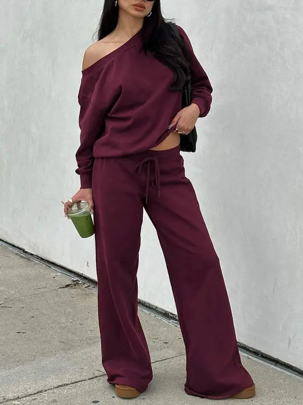 Women Off the Shoulder Long Sleeve Jumper & Pants 2 Piece Set