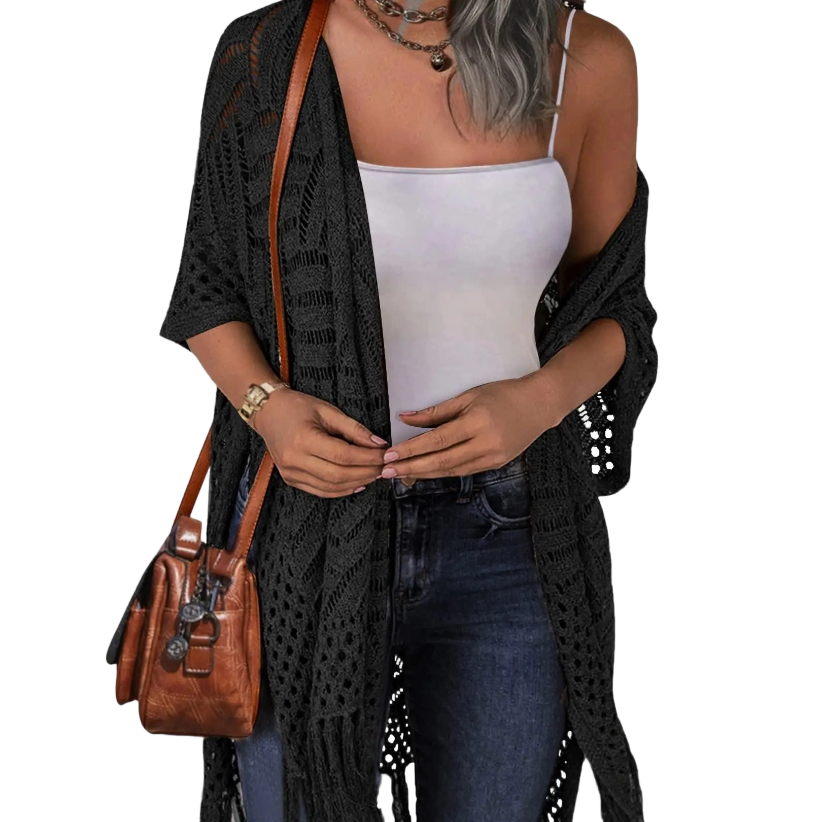 Womens Knit Cardigan Open Front Outwear New Spring & Summer Hollow Out Crochet Tassel Lightweight Kimonos Sweater