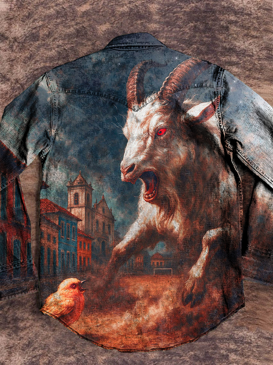 Vintage Halloween Dark Goat Arts Print Casual Denim Jacket