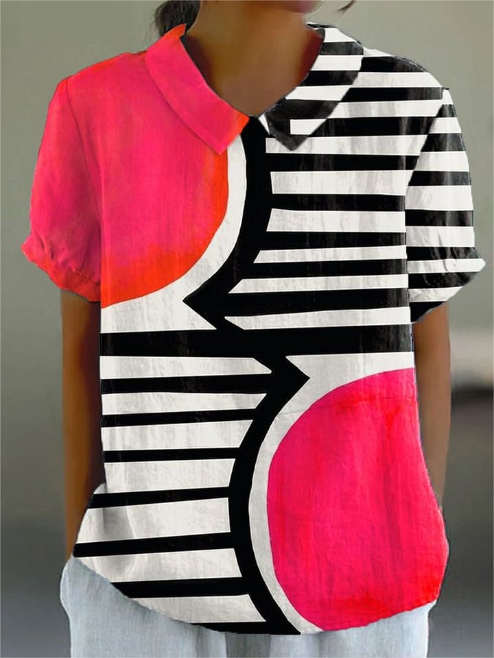 Women's Vintage Abstract Geometry Print Casual Cotton And Linen 3/4 Sleeve Shirt