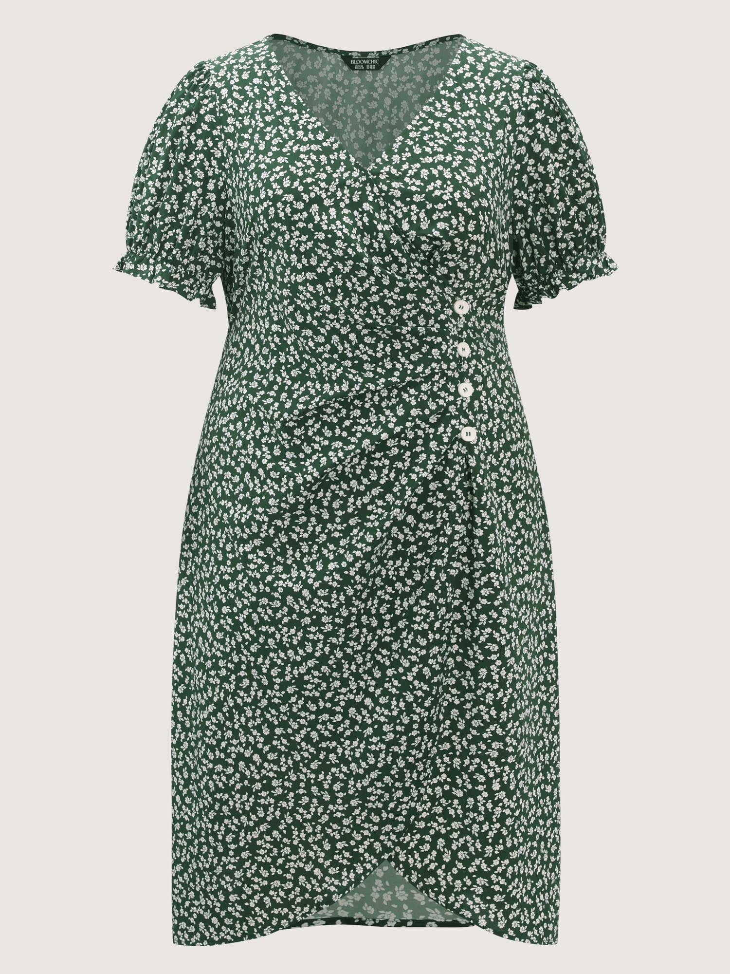 Micro Floral Print Ruched Button Detail Midi Dress