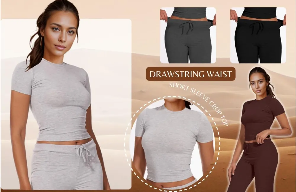 Women's Plain Shortsleeve Top & Drawstring Pants Set
