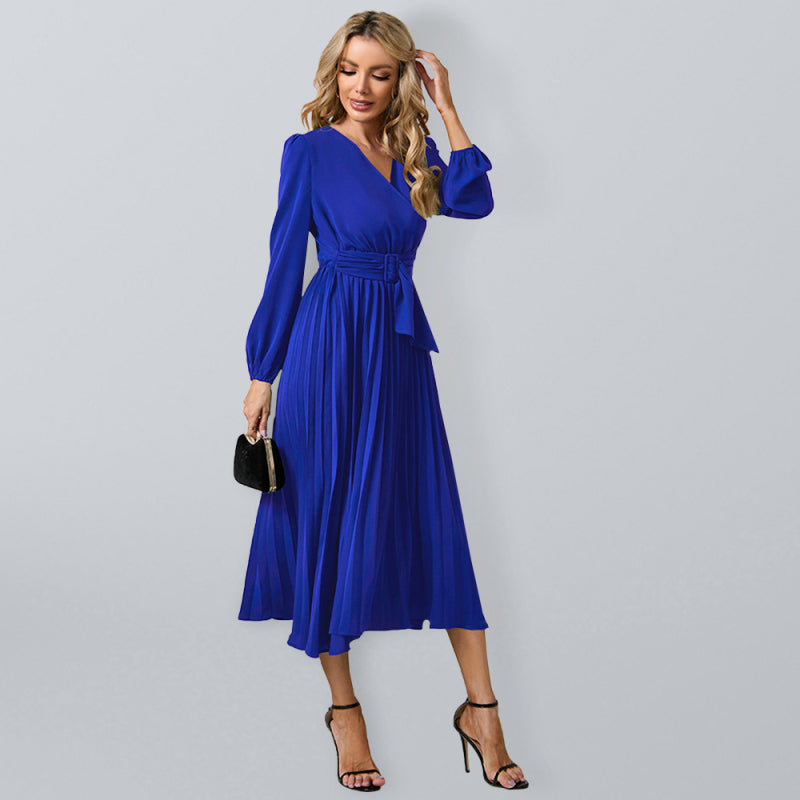 Long Sleeve Slim Pleated Belt V-Neck Dress A-Line Skirt