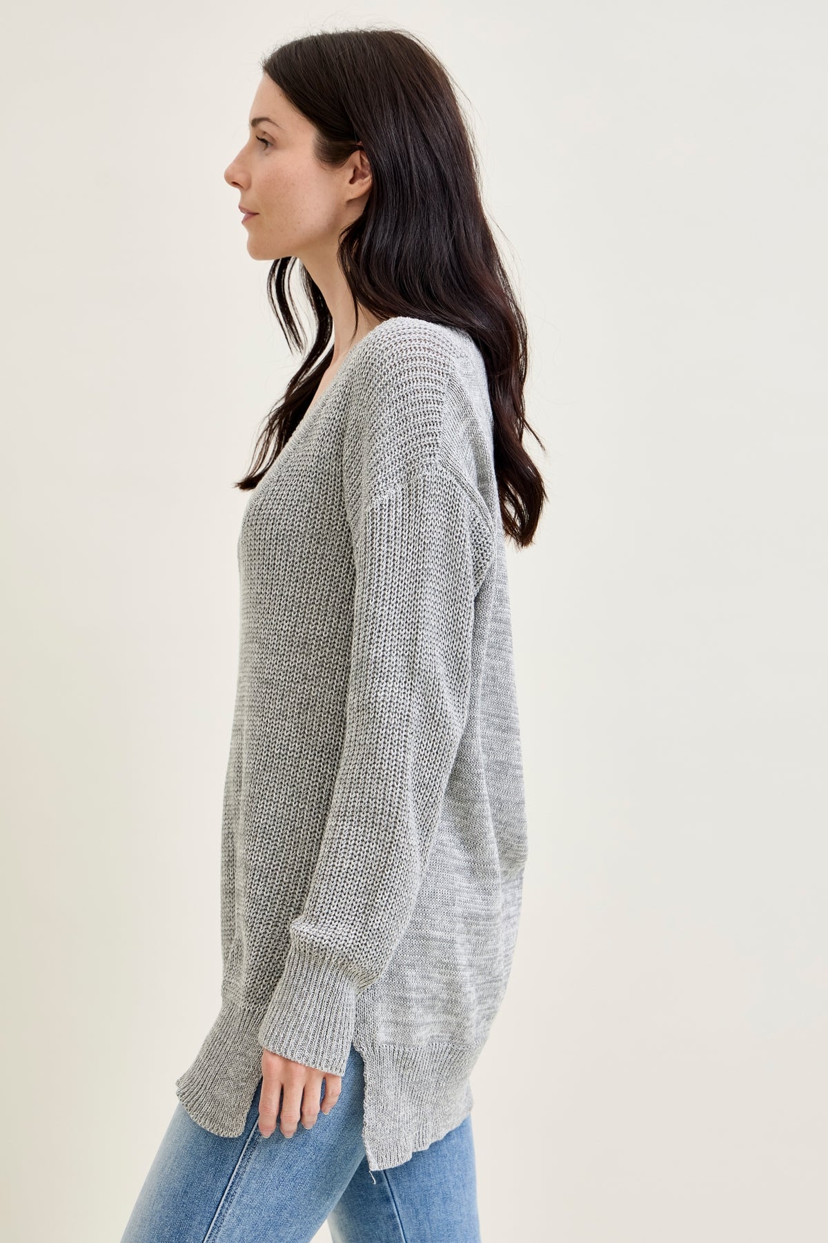 Slouchy V-Neck Off Shoulder Grey Sweater