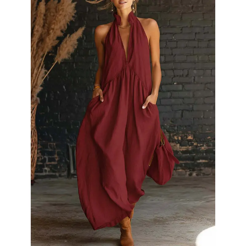 2026 Minimalist Halter Neck Maxi Dress | Casual Loose Fit Pocket Dress | Effortless Summer Outfit for Women