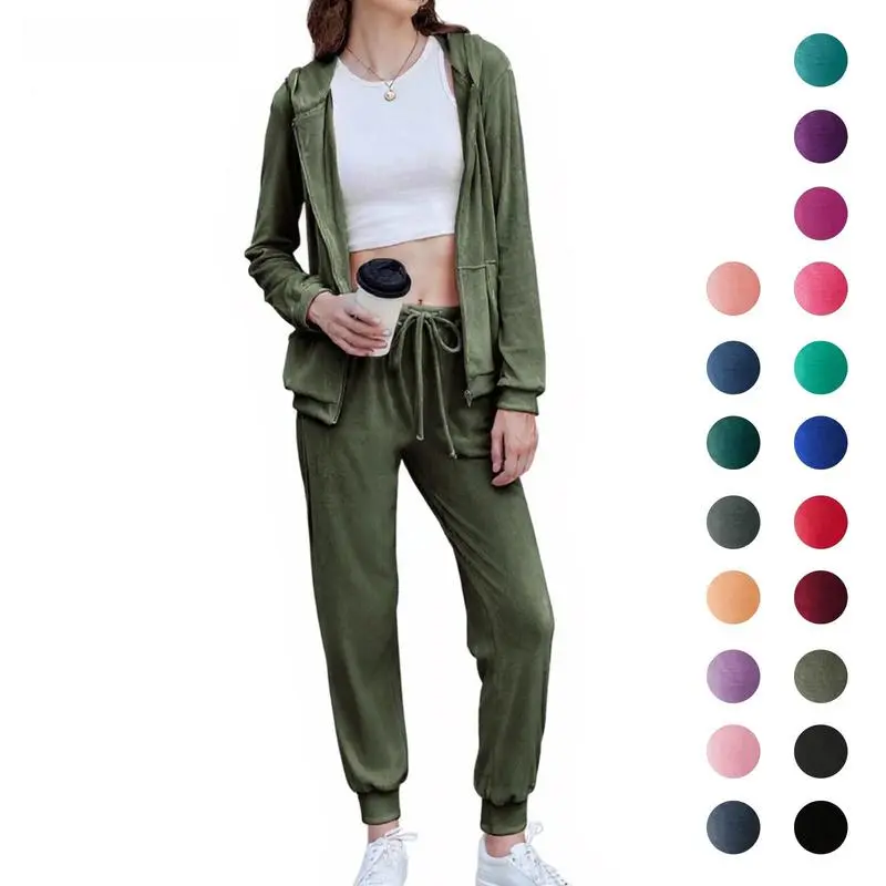 Women's Casual Velour Tracksuit Set Full Zipper Hoodie