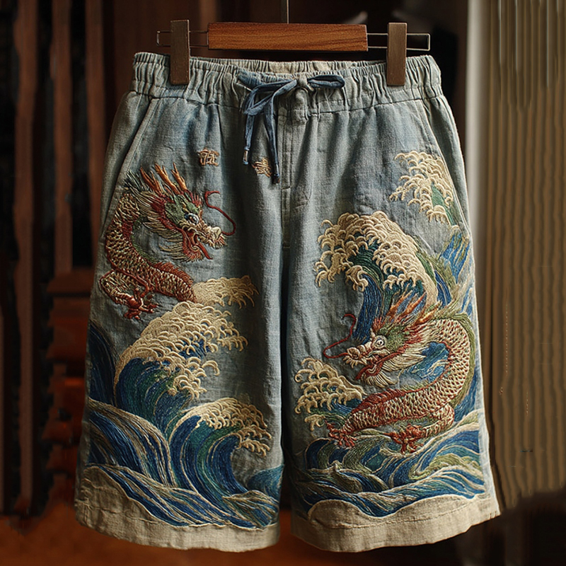 Men's Japanese Dragon Art Contrast Linen Short Pants