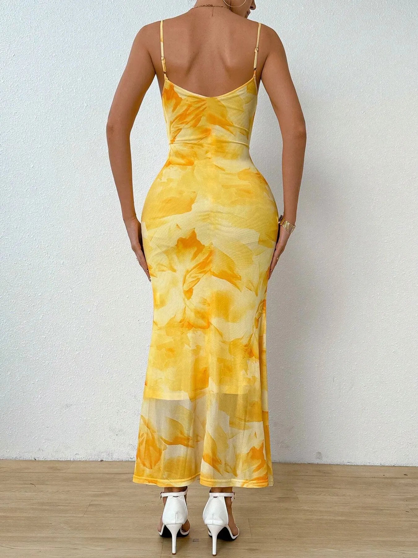 Tie-Dye Ruched Bodycon Mesh Cami Maxi Dress