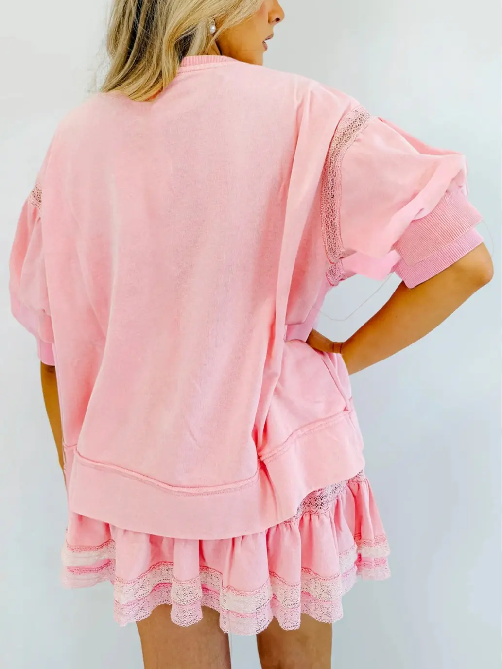 Fisoew Women's 2 Piece Cotton Lace Trim Outfit Set Short Sleeve Puff Sleeve Top & Ruffled Shorts Soft Casual Outfit