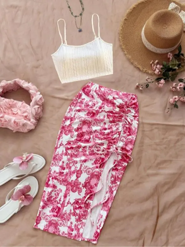 Women's Plain Cami Top & Ditsy Floral Print Ruched Drawstring Skirt