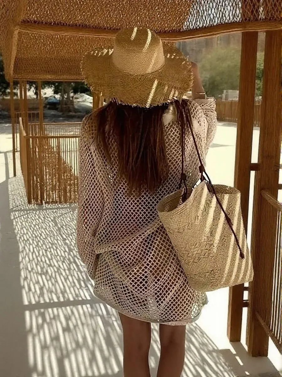 Openwork Long Sleeve Knit Cover Up Dress