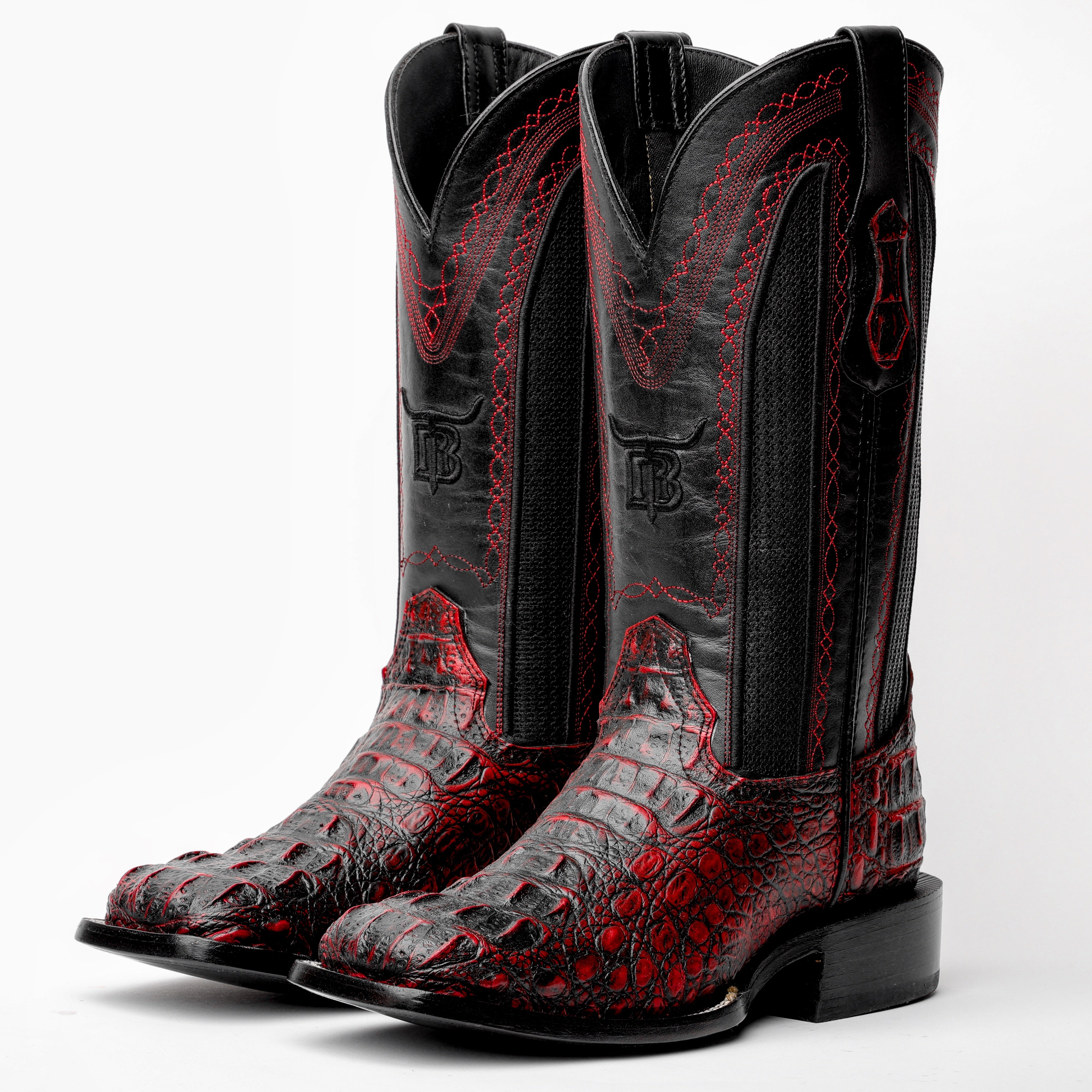 Black Cherry Caiman Neck Leather Boots - Square Toe