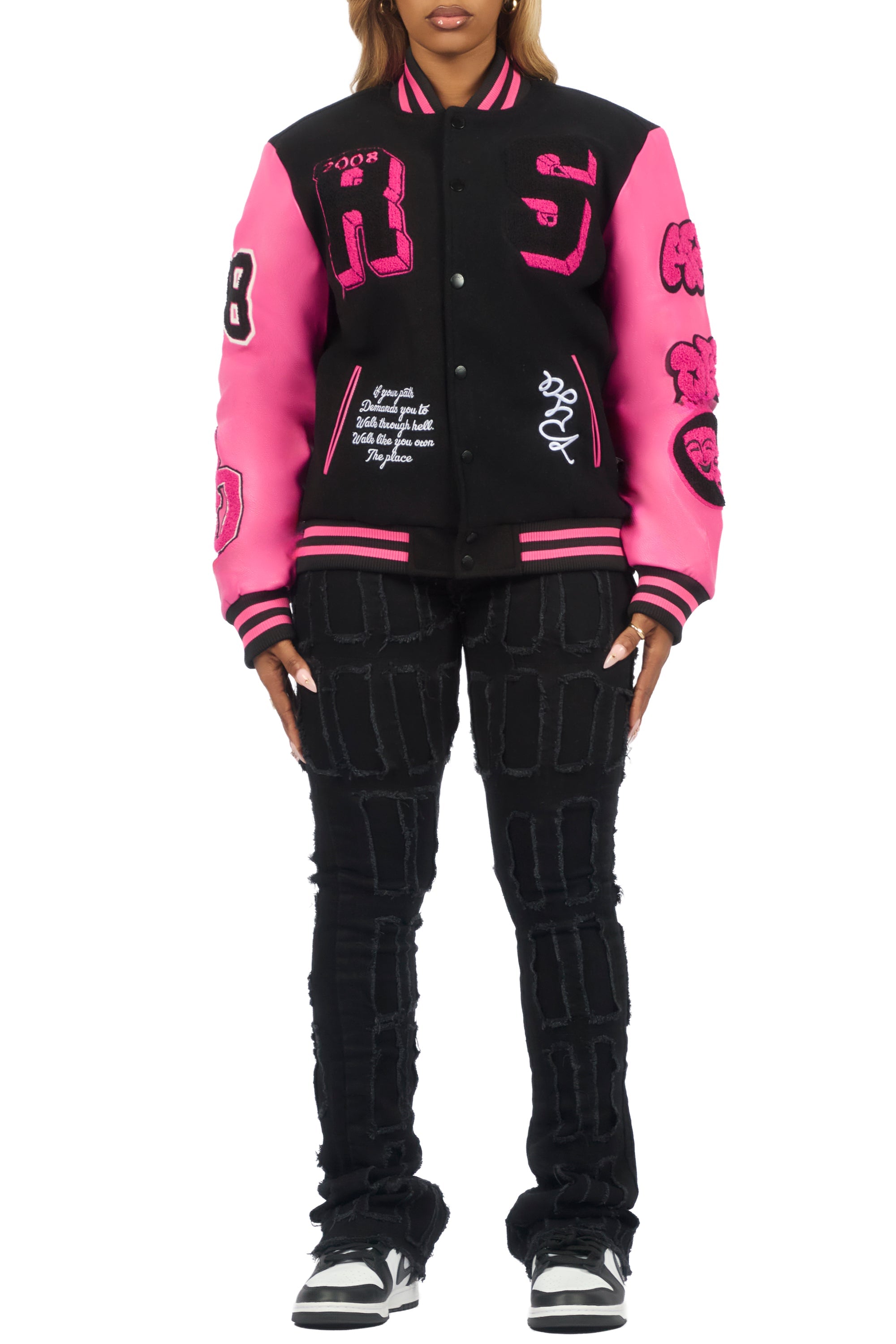 Leslee Black/Pink Oversized Varsity Jacket