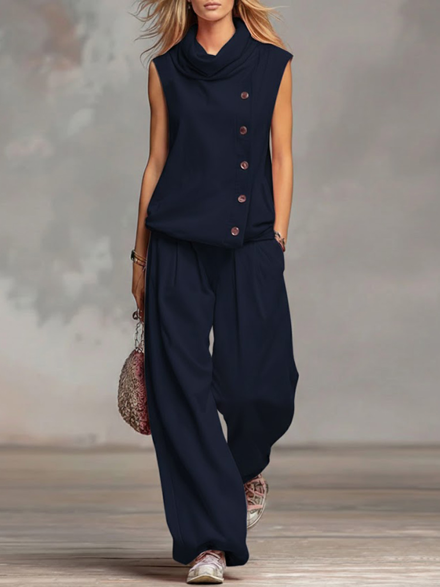Women's Solid Color Stand-collar Sleeveless Casual Loose Cotton Top And High-waisted Loose Wide-leg Pants Set.