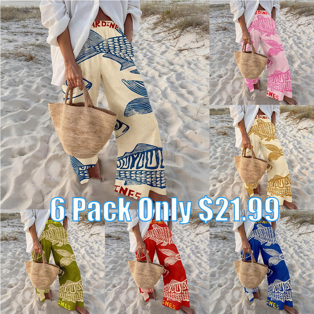 Women's Retro Nautical-Style Sardine Print Wide-Leg Pants with Contrasting Painted Loose and Comfortable