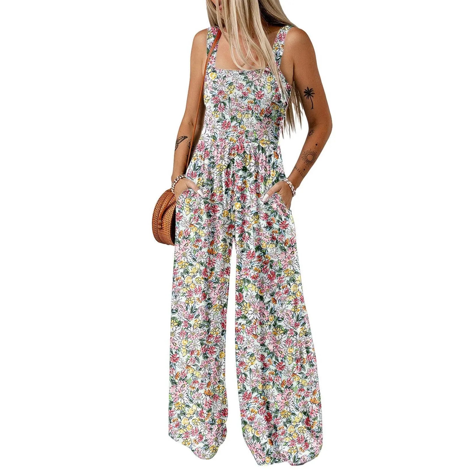 Women's Casual Loose Overalls Jumpsuits One Piece Sleeveless Printed Wide Leg Long Pant Rompers With Pockets