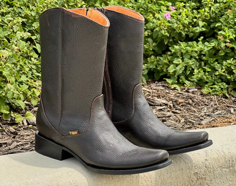 Mens Brown Bull Hide Leather Booties  With Zipper On Shaft