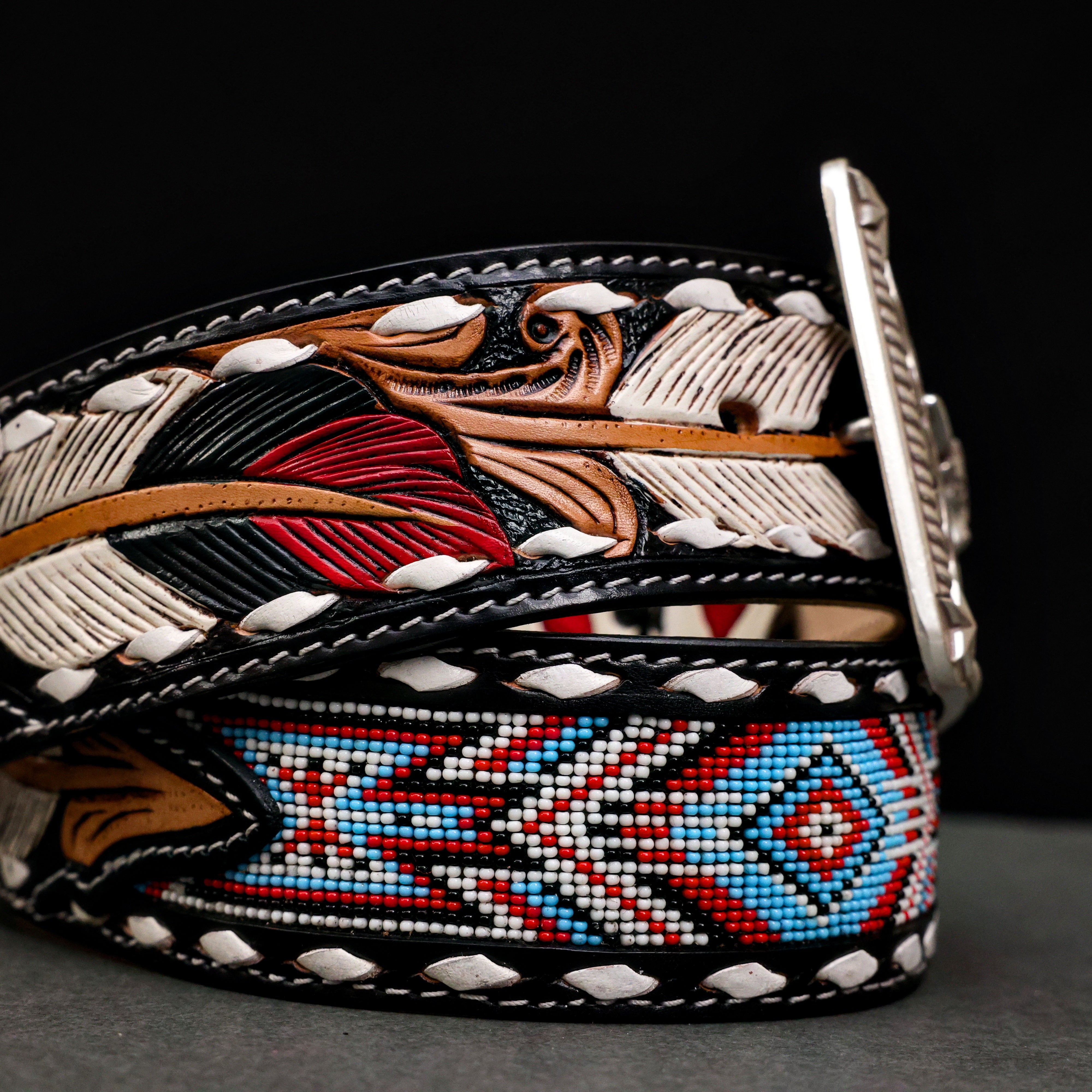 2 Inch Hand-Tooled Artesanal Beaded Leather Belt