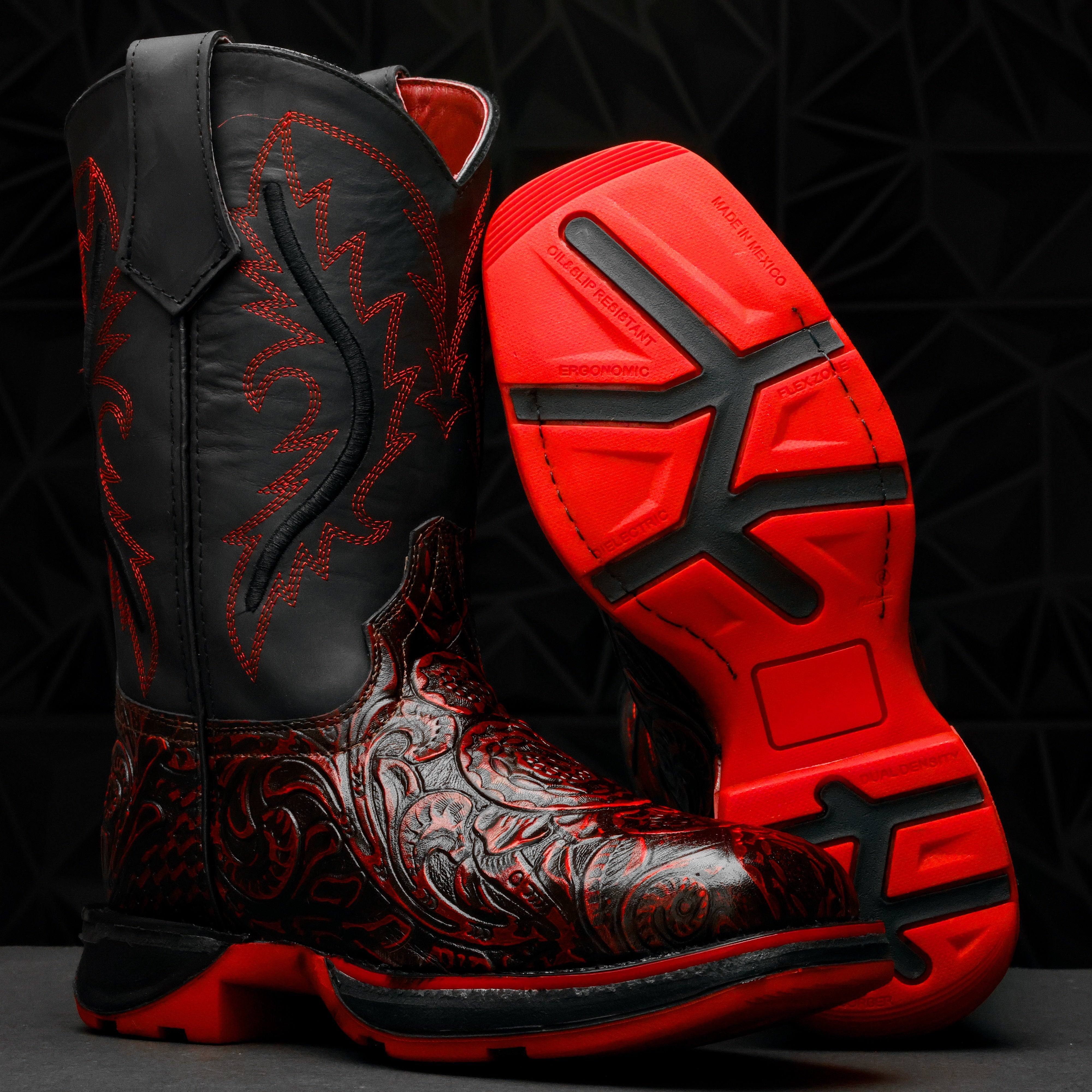 Black Cherry Hand-Tooled Leather Boots With 3D Lightweight Sole - Composite Toe