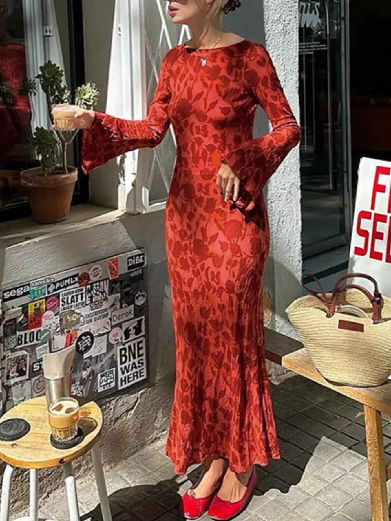 Floral Print Fare Sleeve Maxi Dress