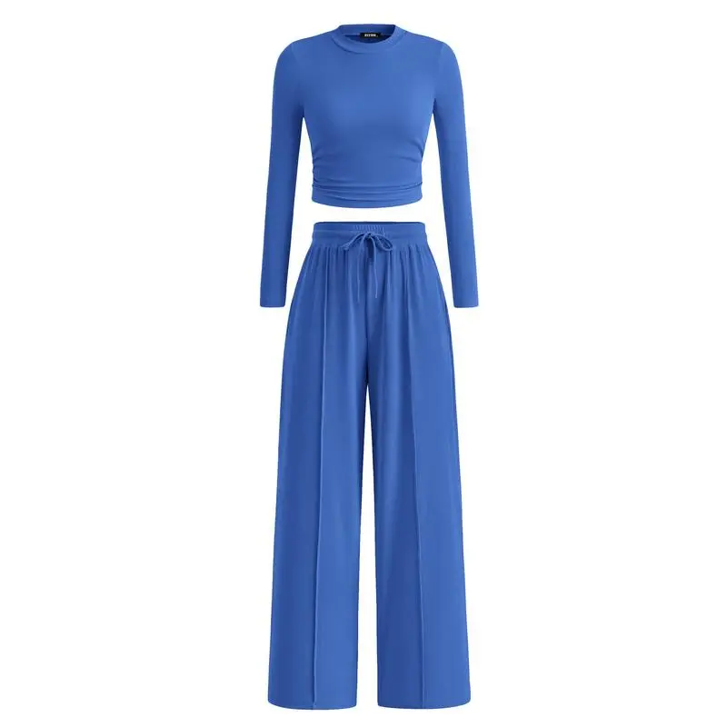 Two-piece ribbed knit long-sleeved cropped top and wide-leg pants