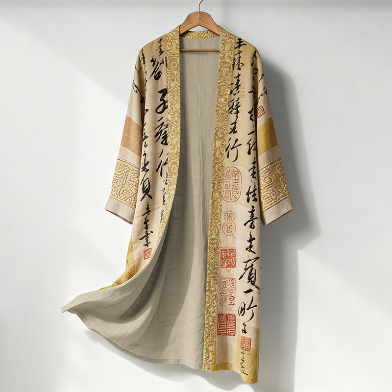 Men's Retro Calligraphy Art Print Linen Long Kimono