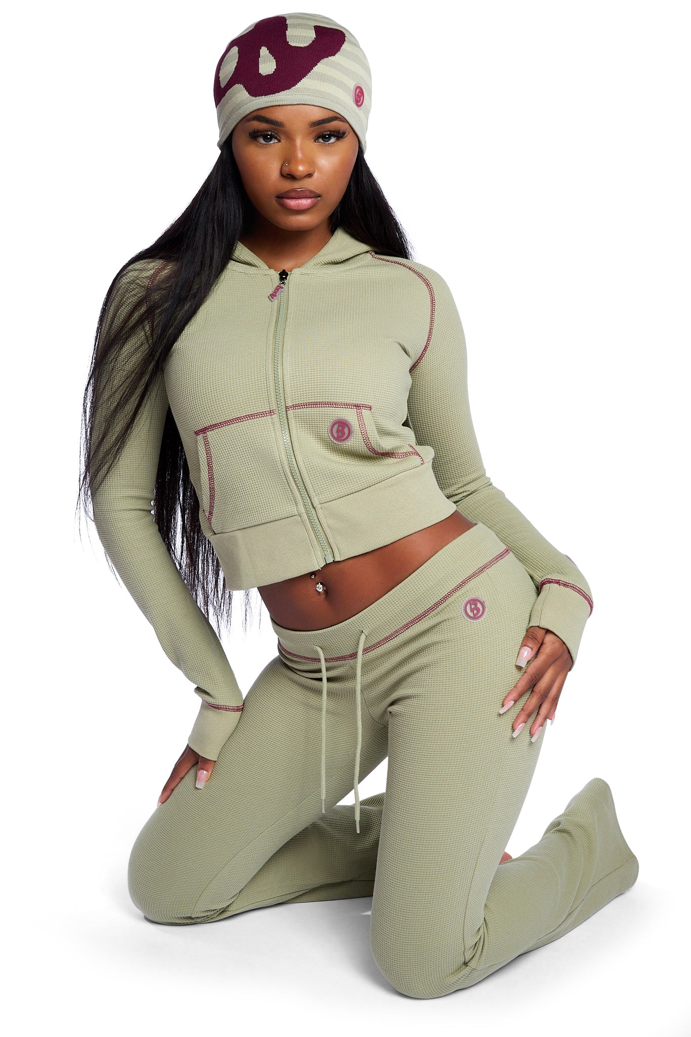 WAFFLE KNIT BOOT CUT PANTS (MATCHA/MAROON)