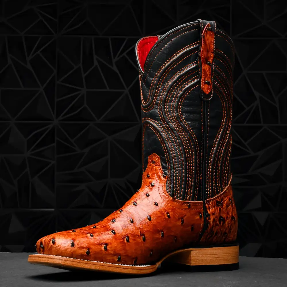 Cognac Ostrich Leather Boots - Square Toe