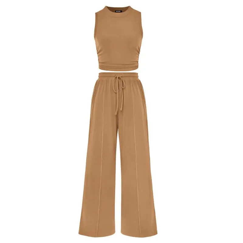 Women's 2-Piece Ribbed Knit Sleeveless Cropped Top & Wide Leg Pants