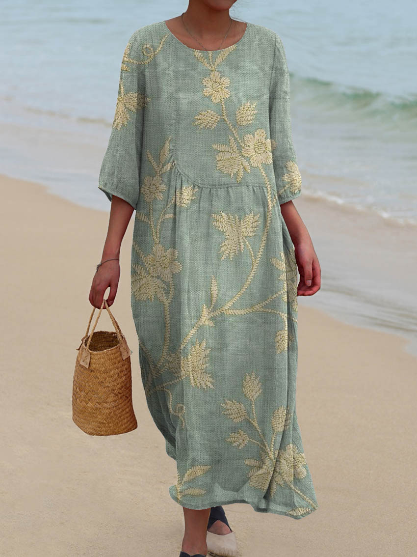 Women's Vintage Lovely Floral Art Print Pocket Cotton Dress