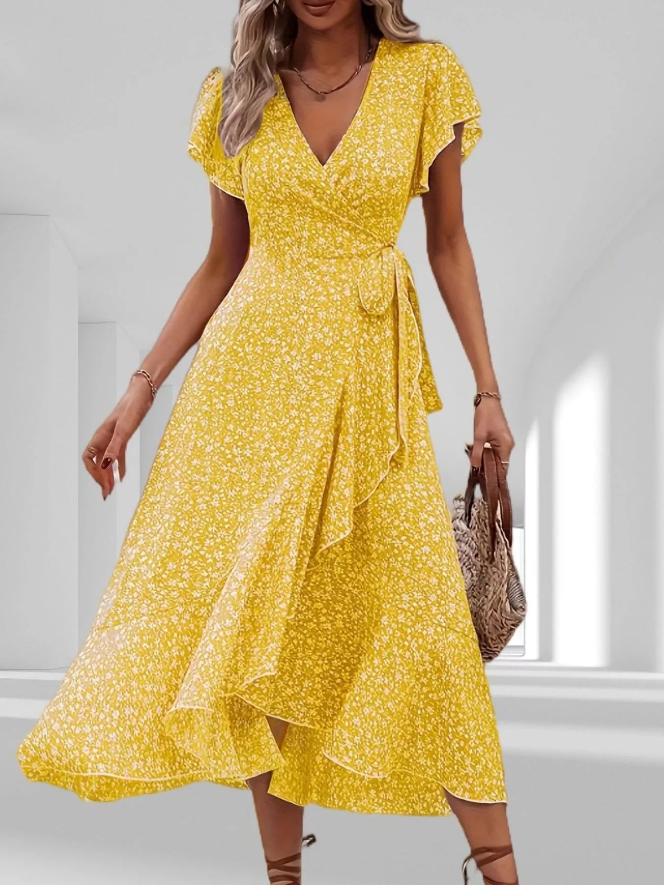 Floral Print Ruffle Hem Wrap Midi Dress