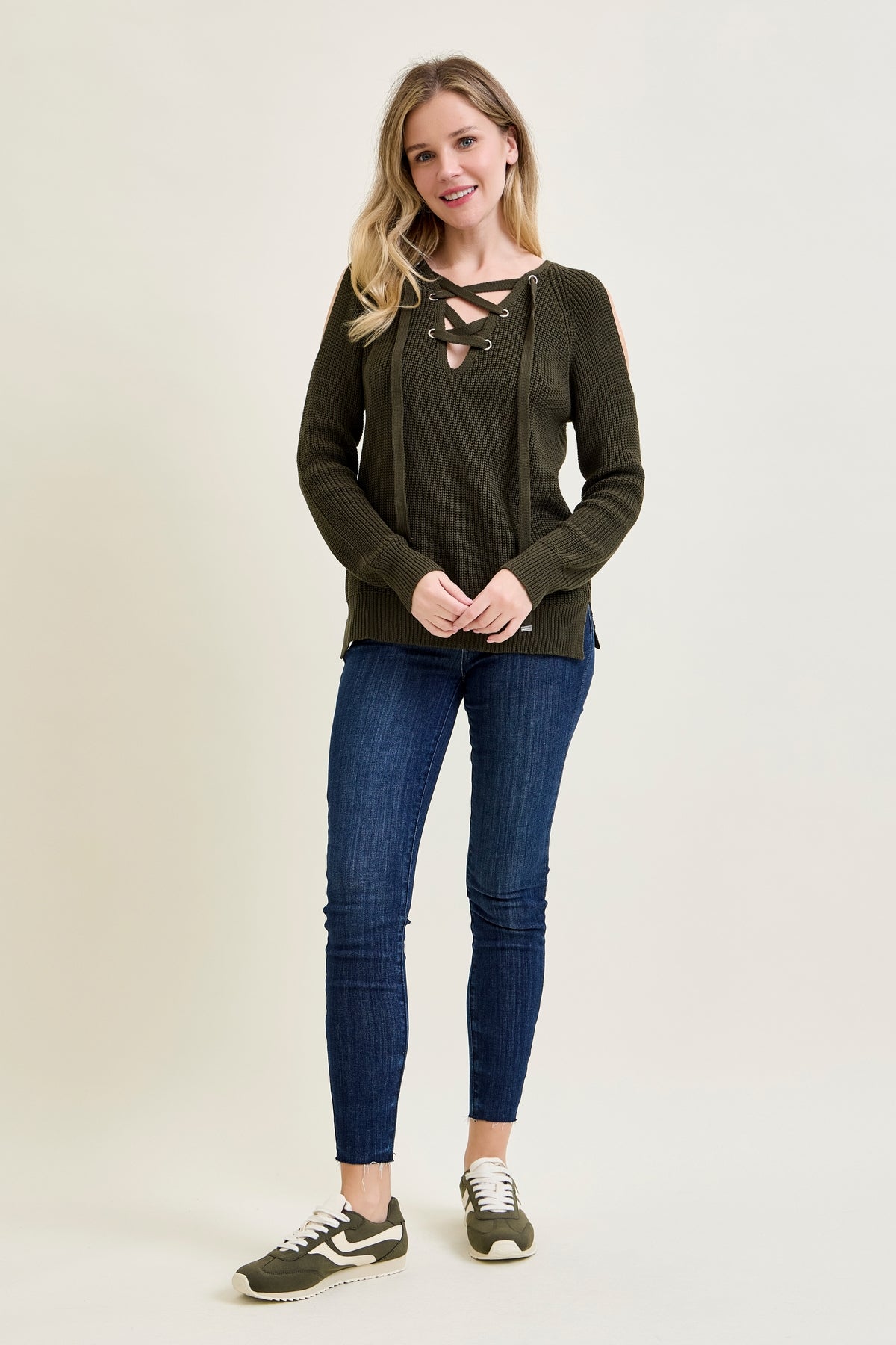 V-Neck Lace-Up Cold Shoulder Green Sweater