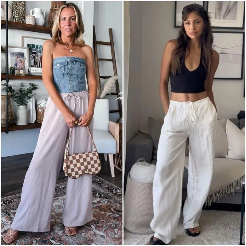 Women's Cotton Linen Summer Palazzo Pants Flowy Wide Leg Beach Trousers with Pockets Casual Womenswear