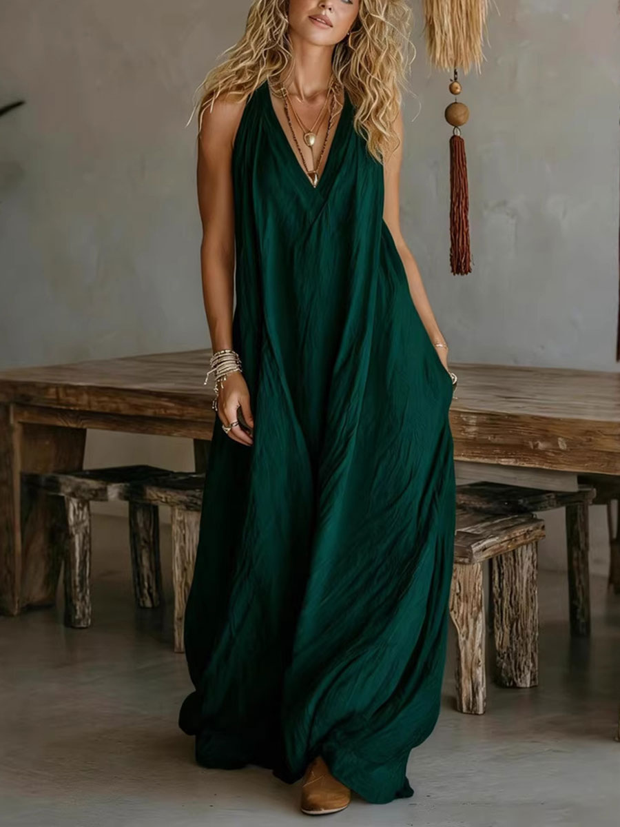 Women's Casual Sleeveless Loose Pocket Vest Long Dress