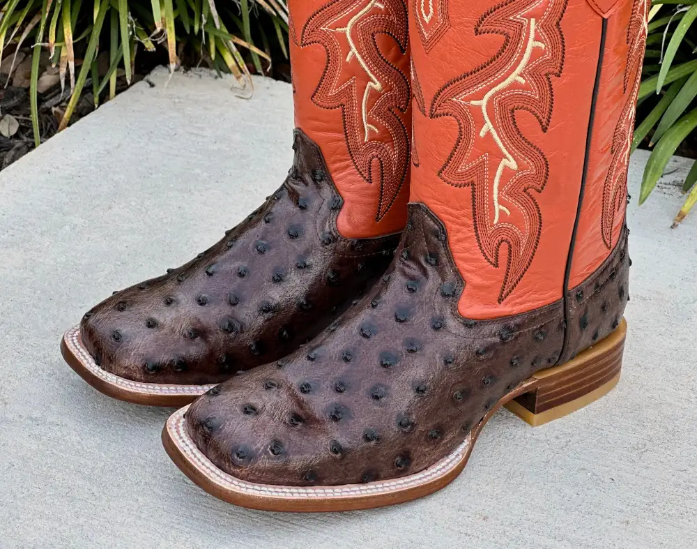 Mens Brown Ostrich Leather Boots With Orange Shaft