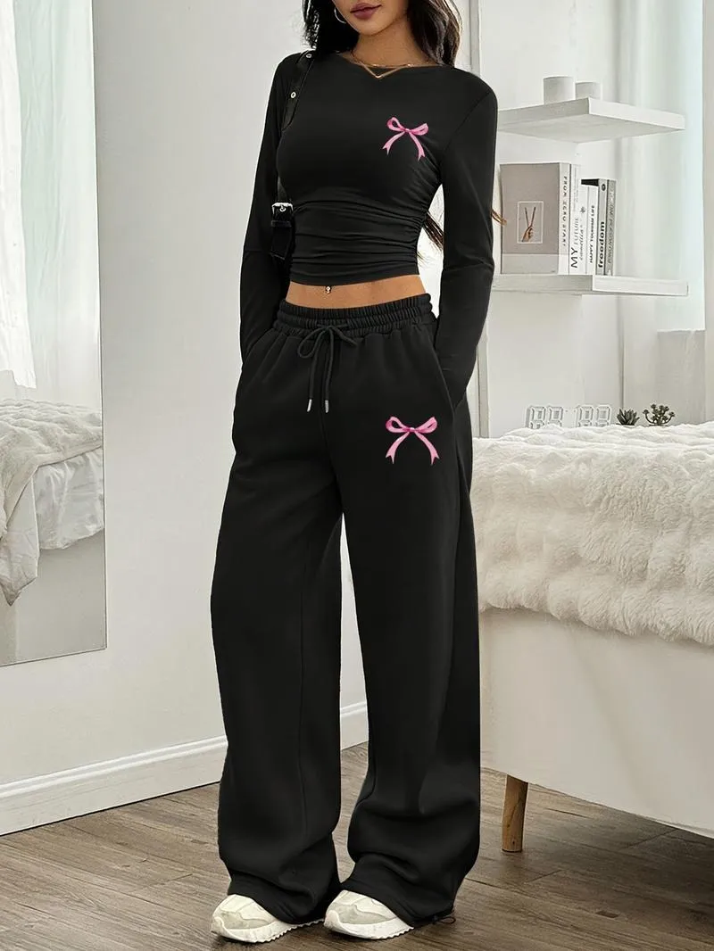 Two-Piece Set Women's Bowknot Print Regular Fit Round Neck T-shirt And Pants