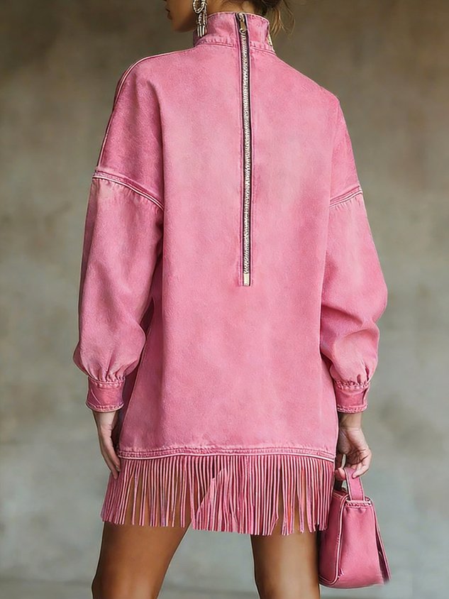 Women Casual Denim Blue Mini Dress Turtleneck H-Line Fall Daily