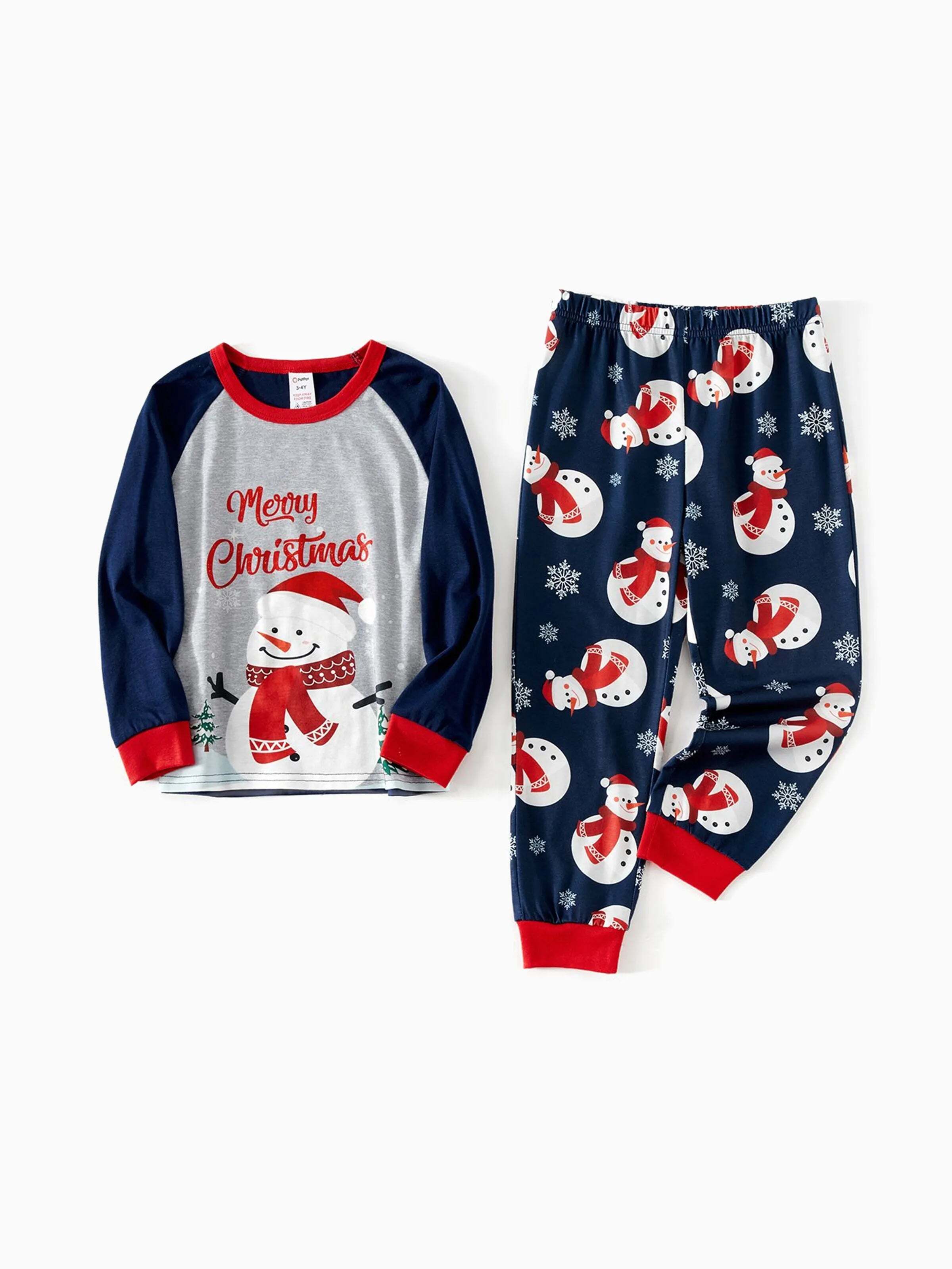 Christmas Snowman & Letter Print Family Matching Raglan-sleeve Pajamas Sets with Christmas Socks ColorBlock