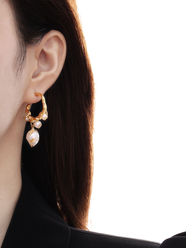Gold Foil French Baroque Vintage Natural Pearl Earrings